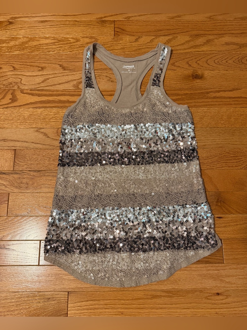 EXPRESS Taupe & Silver Sequin Racerback Tank